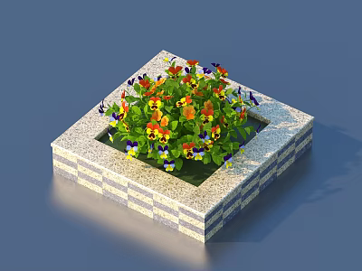Decorative Square Stone Garden Ornament With Colorful Pansies And Striped Sides 3d model