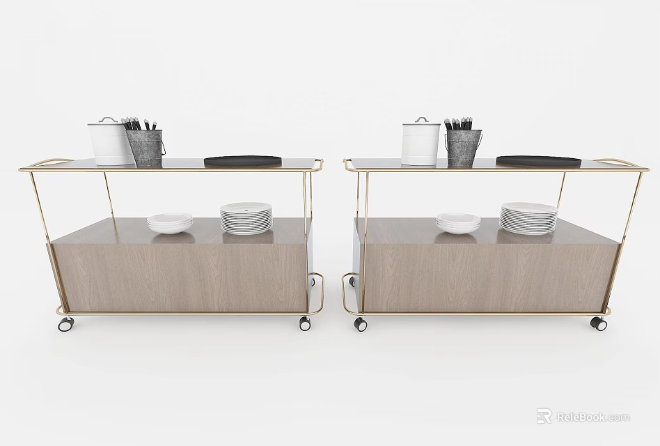 Modern Decorative Cabinet With Metal Frame Wooden Body On Wheels And Bowl Containers 3d model 