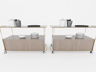 Modern Decorative Cabinet With Metal Frame Wooden Body On Wheels And Bowl Containers 3d model