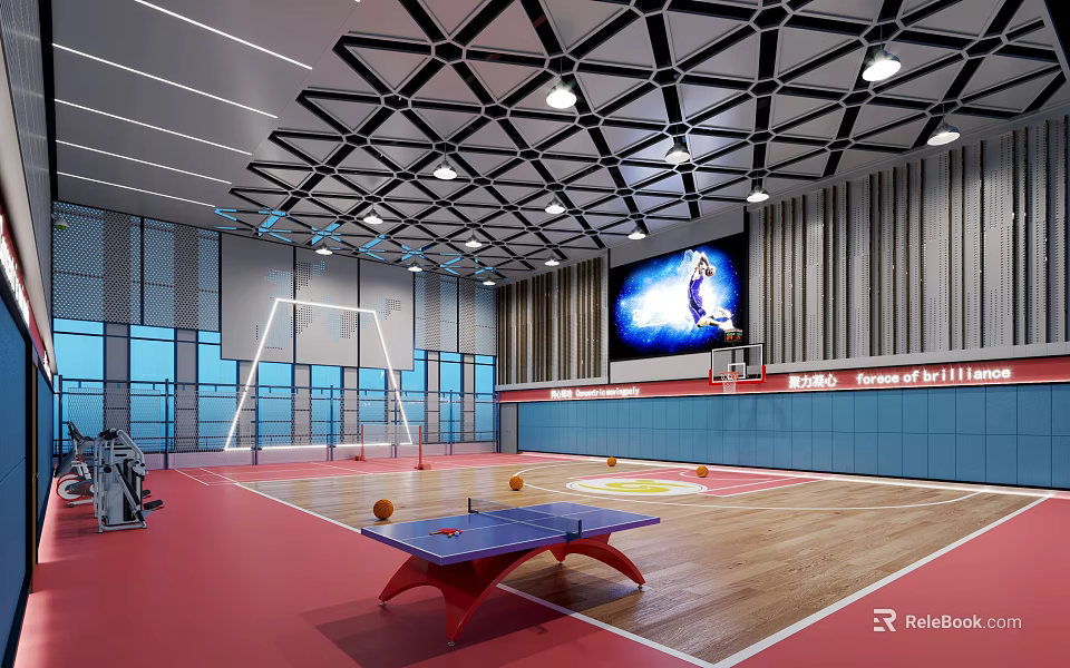 Modern Basketball Gym Interior With Wooden Court Red Floor Large Screen And Table Tennis Table 3d model 