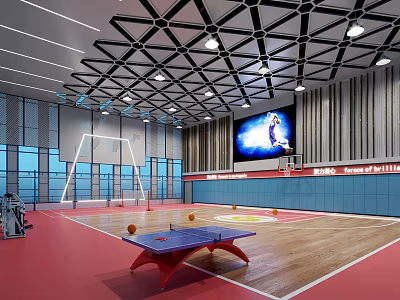 Modern Basketball Gym Interior With Wooden Court Red Floor Large Screen And Table Tennis Table 3d model