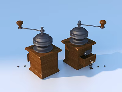 Vintage Coffee Grinders With Wooden Base Black Mechanism Handles And Coffee Beans 3d model