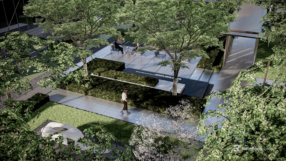 Garden Landscape Design With Lush Trees Lawn Pathway And Seating Area 3d model