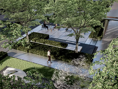 Garden Landscape Design With Lush Trees Lawn Pathway And Seating Area 3d model