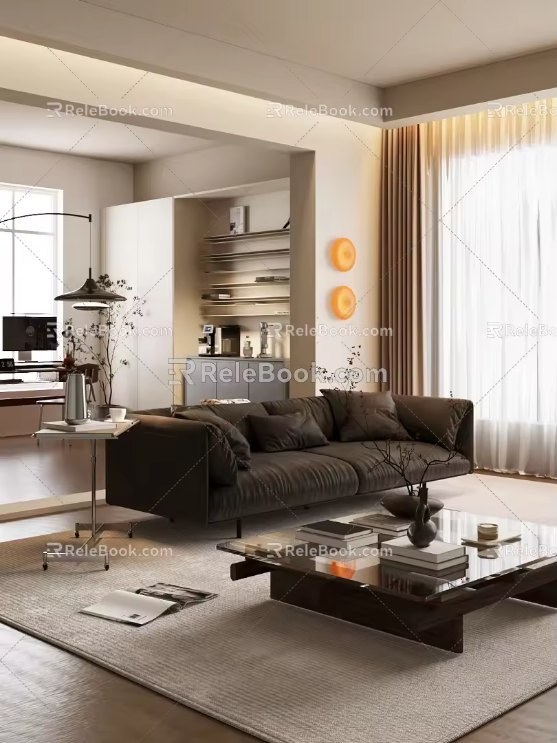 Mid-ancient style living room sofa coffee table combination three-person sofa multi-person sofa side table coffee table bookshelf desk and chair combination floor lamp potted plant 3d model