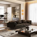Mid-ancient style living room sofa coffee table combination three-person sofa multi-person sofa side table coffee table bookshelf desk and chair combination floor lamp potted plant 3d model