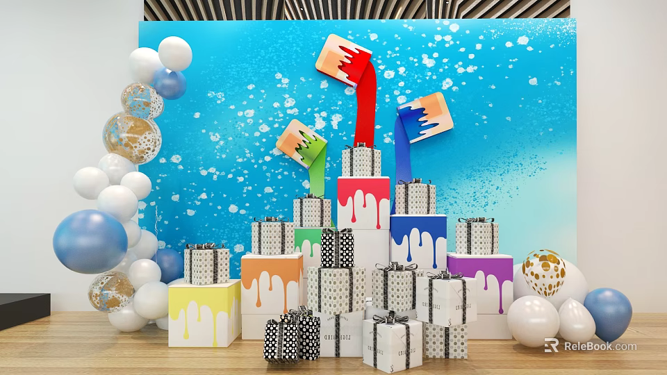 Colorful Stacked Boxes With Paint Drips Surrounded By Balloons On Blue Background 3d model 