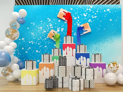 Colorful Stacked Boxes With Paint Drips Surrounded By Balloons On Blue Background 3d model