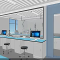Modern Laboratory Interior With Blue Benches Computers Stools And Bright Windows 3d model