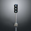 Modern Traffic Light With Three Signal Lamps On Metal Pole And Concrete Base