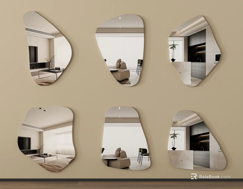 Irregular Shaped Wall Mounted Mirrors Reflecting Living Room Kitchen And Furniture Decor 3d model 