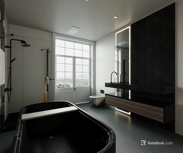 Sleek Modern Luxury Bathroom With Black Freestanding Tub And Backlit Mirror And Large French Window 3d model 