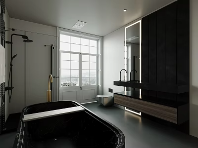 Sleek Modern Luxury Bathroom With Black Freestanding Tub And Backlit Mirror And Large French Window 3d model