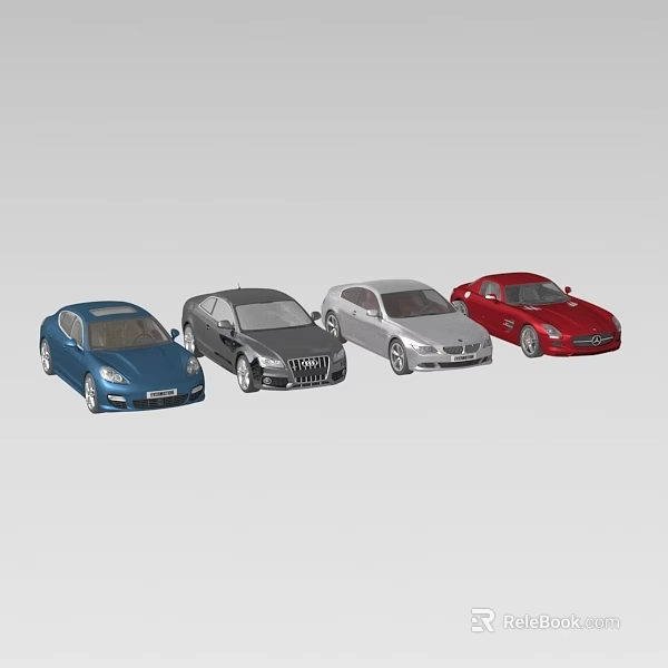 Blue Gray Silver and Red Car Models Lined Up in a Row 3d model
