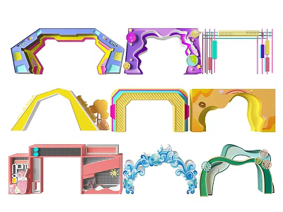 Colorful Event Doorways with Various Decorative Designs Cartoon Styles Wave Patterns and Geometric Shapes 3d model
