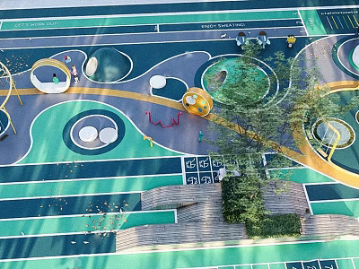 Green Children's Playground With Circular Curved Slides Swings Trees And Seating Areas 3d model