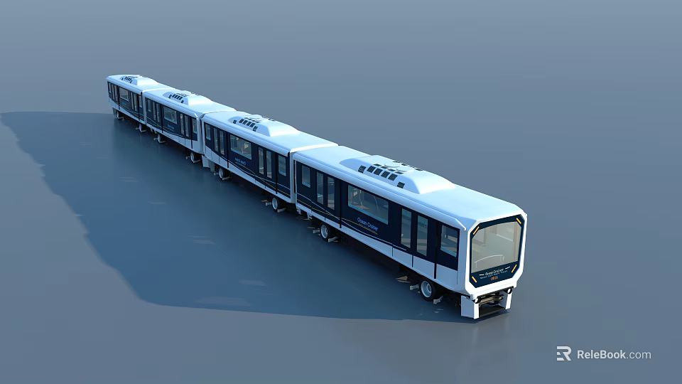 Modern Electric Tram with Streamlined Body White and Blue Exterior Multiple Carriages and Large Windows 3d model 