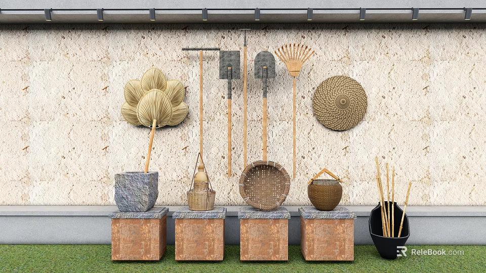 Traditional Industrial Equipment Display with Brooms Rakes Baskets on Wooden Stone Platforms Stone Wall Background 3d model 
