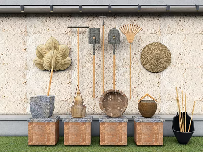 Traditional Industrial Equipment Display with Brooms Rakes Baskets on Wooden Stone Platforms Stone Wall Background 3d model