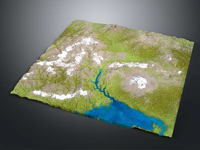Mountainous Terrain 3D Model With Snowy Peaks Green Vegetation River And Blue Lake 3d model