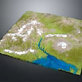 Mountainous Terrain 3D Model With Snowy Peaks Green Vegetation River And Blue Lake