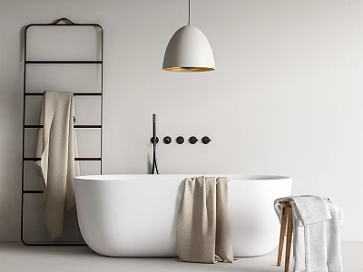 Minimalist Bathroom Interior With White Freestanding Bathtub Towel Rack Beige Towels And Pendant Light 3d model