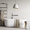 Minimalist Bathroom Interior With White Freestanding Bathtub Towel Rack Beige Towels And Pendant Light