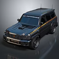 Black Modified SUV With BIG PERFORMANCE Decal Sporty Front Grille Large Wheels And Roof Antennas