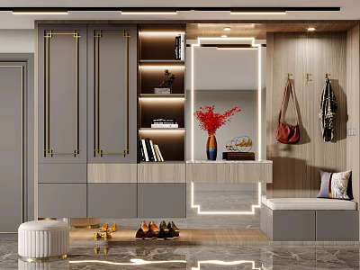Modern Shoe Cabinet with Gray Doors Gold Handles Mirror Coat Hooks Vase Red Flowers Books Decorations 3d model