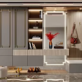 Modern Shoe Cabinet with Gray Doors Gold Handles Mirror Coat Hooks Vase Red Flowers Books Decorations