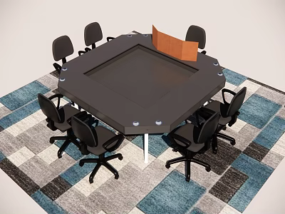 Octagonal Black Conference Table With Office Chairs And Orange Divider On Geometric Rug 3d model