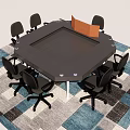 Octagonal Black Conference Table With Office Chairs And Orange Divider On Geometric Rug
