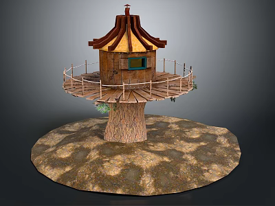 Cartoon Scene of Wooden Treehouse with Platform Sloped Roof and Tree Trunk 3d model