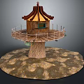 Cartoon Scene of Wooden Treehouse with Platform Sloped Roof and Tree Trunk
