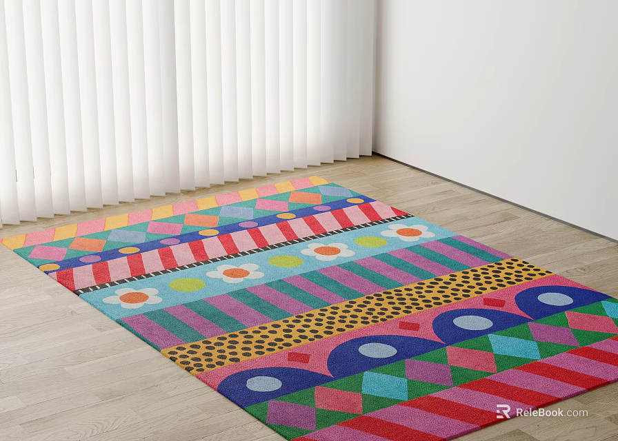 Colorful Square Rug With Geometric Patterns Stripes And Circles On Wooden Floor Indoor 3d model 