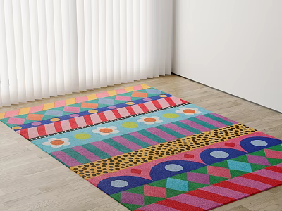 Colorful Square Rug With Geometric Patterns Stripes And Circles On Wooden Floor Indoor 3d model