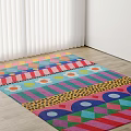 Colorful Square Rug With Geometric Patterns Stripes And Circles On Wooden Floor Indoor