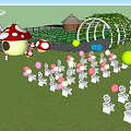 Whimsical Garden Landscape Design With Green Lawn Mushroom Shaped Structures Arches and Flower Beds