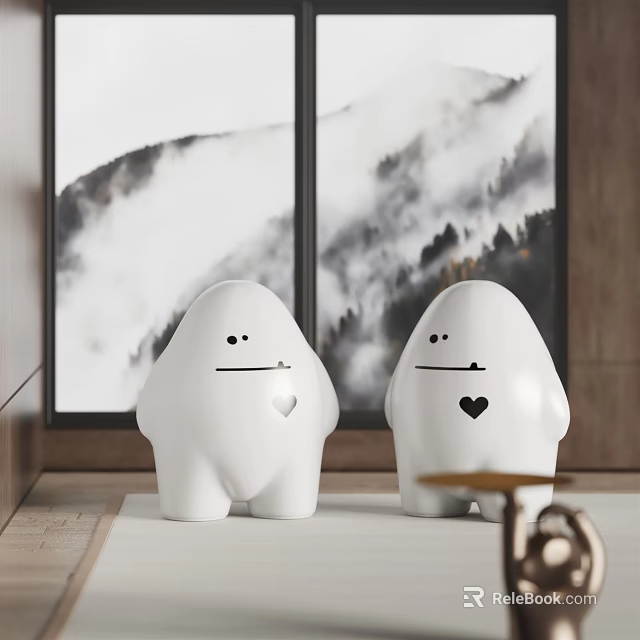 Two Cute White Cartoon Decorative Figurines On Tabletop With Mountain View Window 3d model