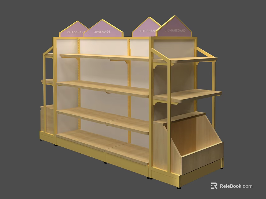 Wooden Retail Display Shelf with Multi tiered Shelves and Triangular Top Decorations 3d model 