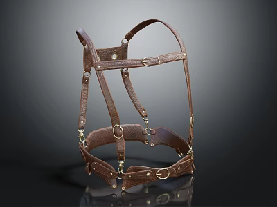 Brown Leather Horse Harness With Adjustable Straps Metal Rings And Decorative Buckles 3d model
