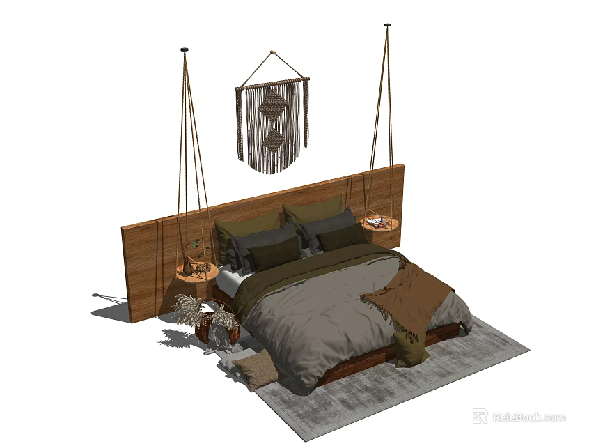 Double Bed with Wooden Headboard Macrame Wall Hanging Pendant Lights and Cozy Gray Bedding 3d model 