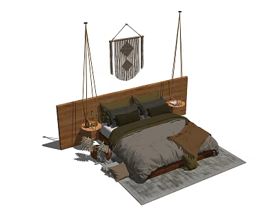 Double Bed with Wooden Headboard Macrame Wall Hanging Pendant Lights and Cozy Gray Bedding 3d model