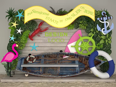 Ocean Themed Floral Installation With Boat And Marine Decor 3d model