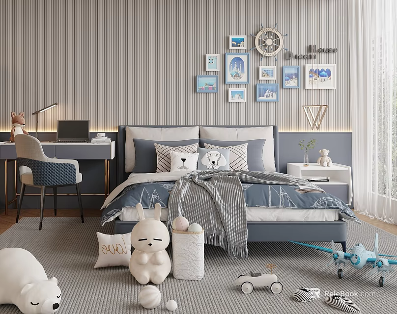 Modern Children's Bed with Gray Striped Wall Blue Bedding Stuffed Toys and Airplane Model 3d model 