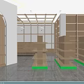 Modern Retail Store Interior Design With Wooden Ceiling Glass Doors Green Walls And Display Shelves
