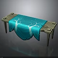 Wooden Table With Blue Cloth Featuring White Tree And Star Patterns And Round Decorations