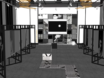 Modern Public Office Space With Display Racks Large Screen And Seating Layout 3d model