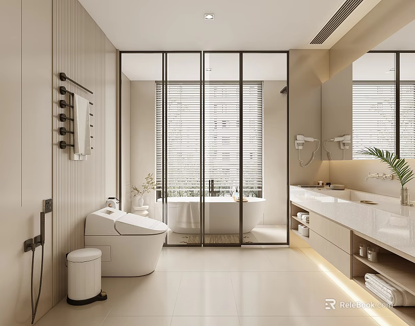 Modern Bathroom Interior With Glass Shower Enclosure White Toilet Vanity And Plant 3d model 