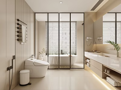 Modern Bathroom Interior With Glass Shower Enclosure White Toilet Vanity And Plant 3d model